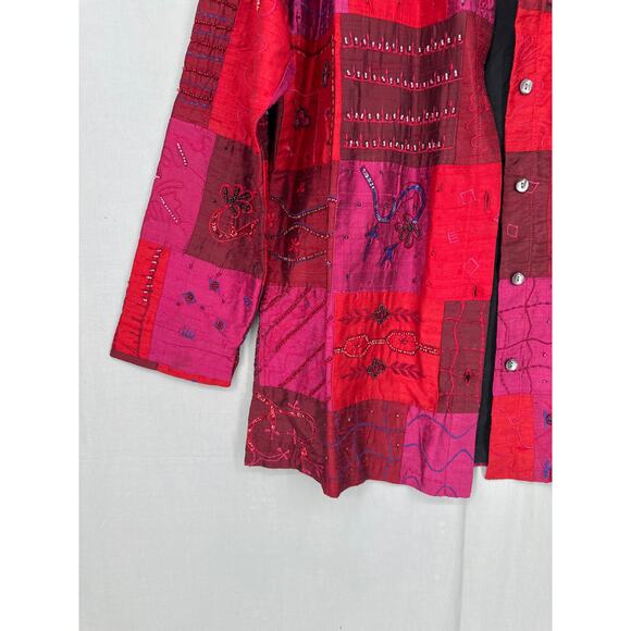 90s Vintage Jacket Womens Medium Pink Satin Patchwork Silk Beaded Boho Cottage - Picture 6 of 9